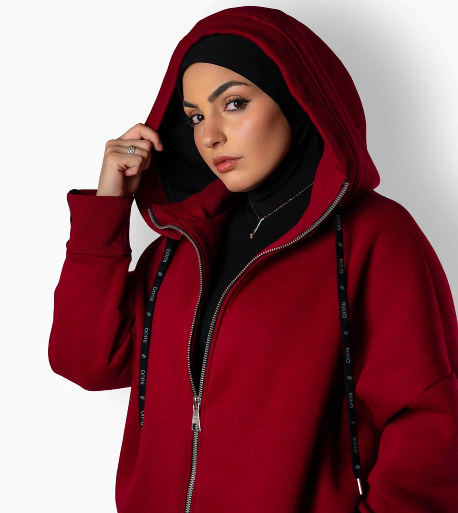 RUUQ Zip-Up Hoodie RUUQ Oversized Long Zip-Up Hoodie Unisex in Burgundy